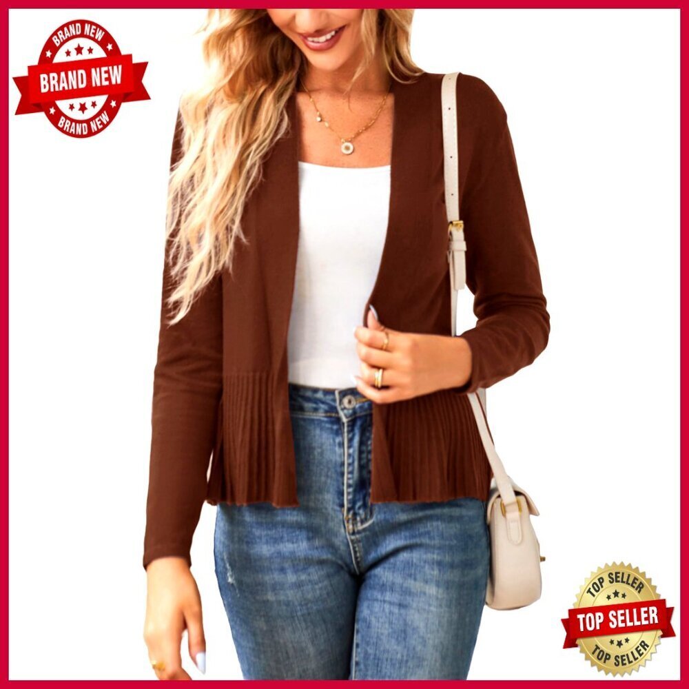 Lightweight Draped Cropped Cardigan Long Sleeve Peplum Knit Top Medium
